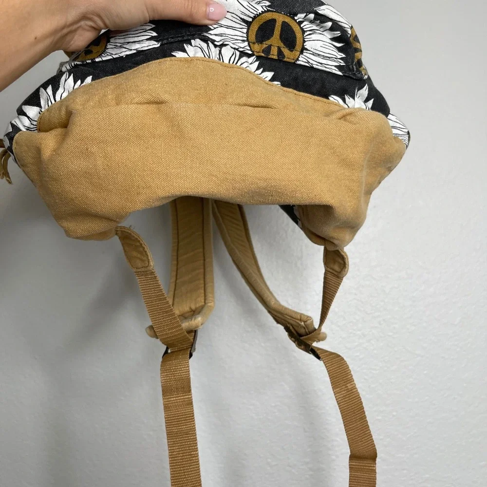 O'Neill Sunflower Peace Sign Canvas Backpack Black Tan Boho Surf Daypack